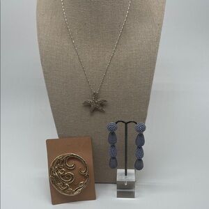 Starfish Pendant Necklace M Jent Brooch and Blue Tassel Earrings Set